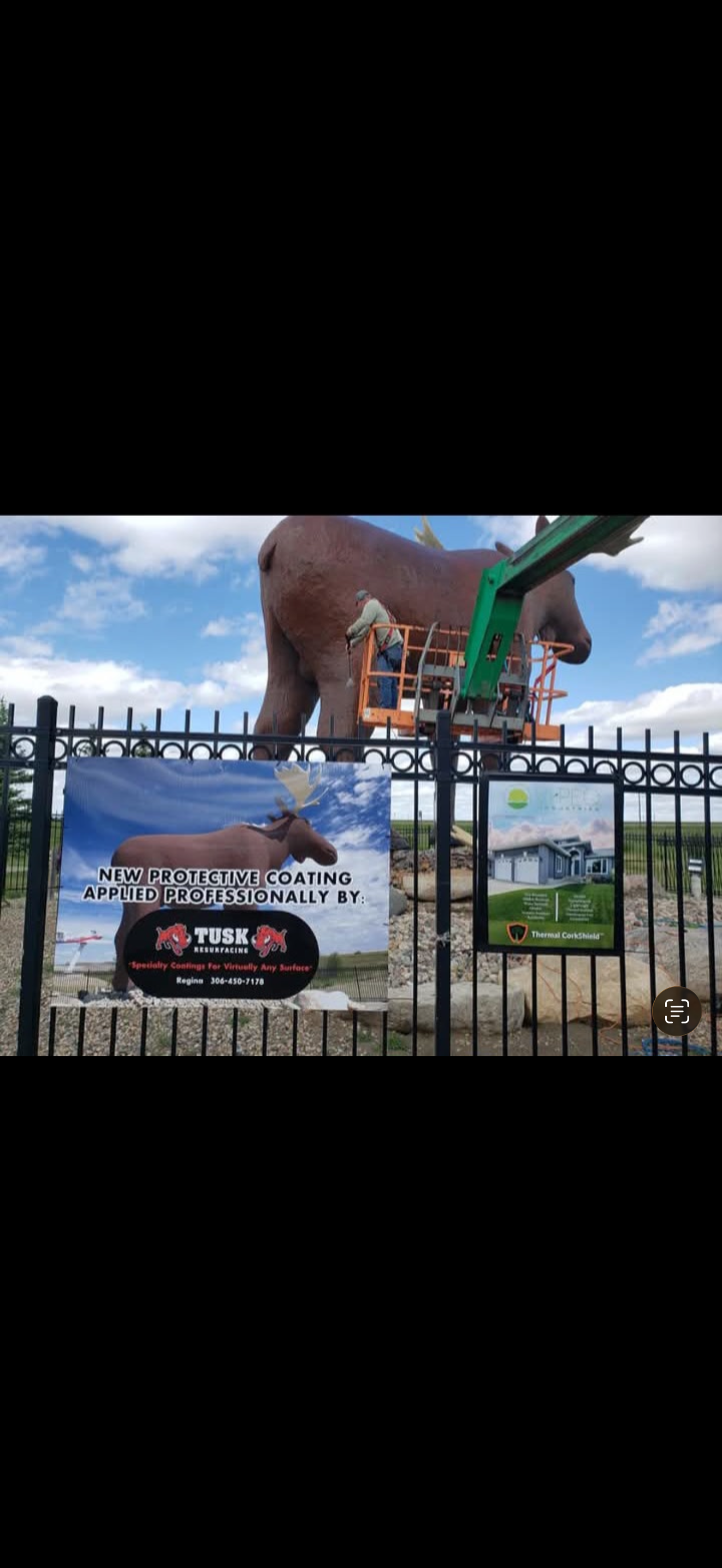 Specialty coating work shown at Mac the Moose, with Tusk Resurfacing signage